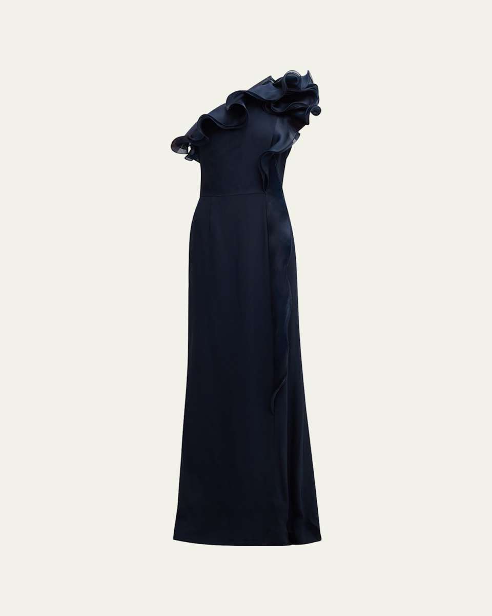 One-Shoulder Ruffle Column Gown